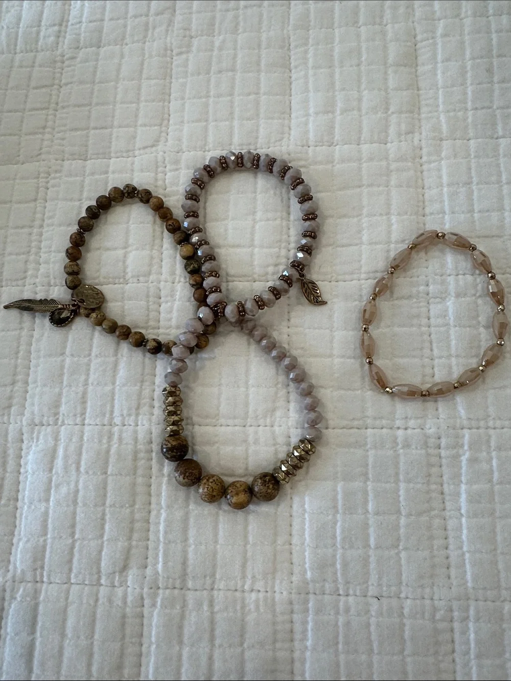 Neutral Stone and Faceted Bead Stack Bracelet with Gold Feather Charm